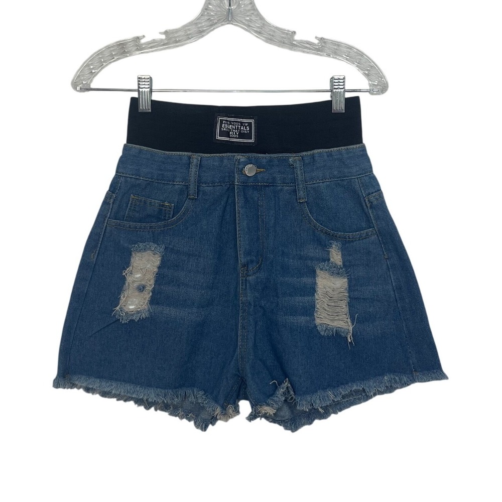 Fashion Jeans Shorts Distressed High Waist Denim Medium Blue Elastic Waist